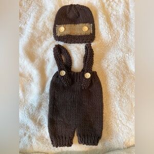 Hand Knit Newborn Outfit Brown Overalls + Hat Rustic Button Photo Prop